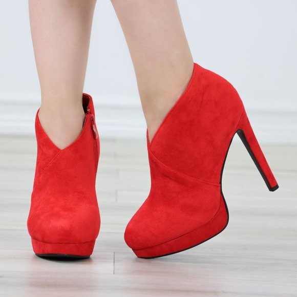 Red Platform Ankle Boots High Heel Stilettos Faux Suede - Picture 9 of 12